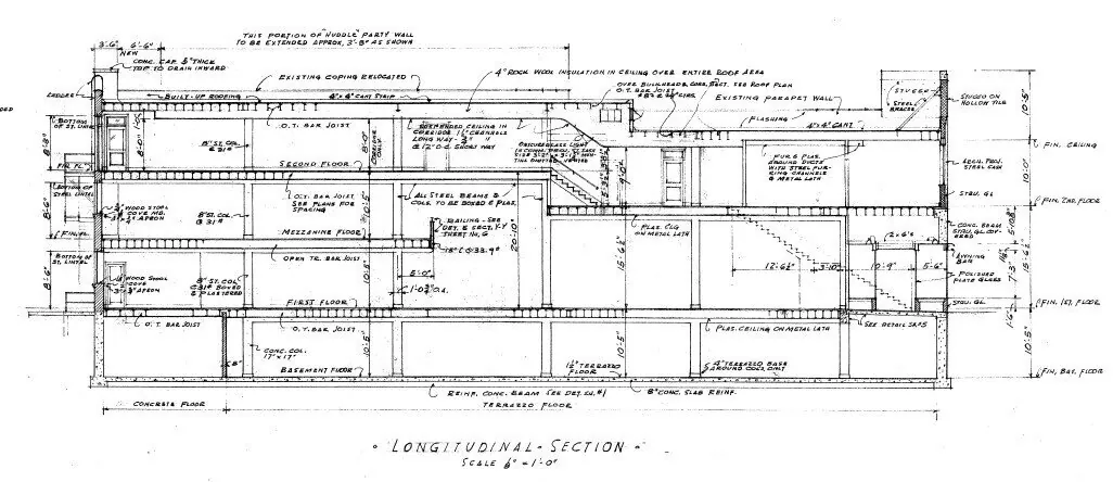 Original architectural longitudinal section showing cellar, first floor, mezzanine, and second floor