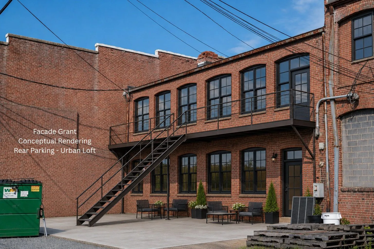 Rear of 130-134 Broad Street with parking and exterior stair access