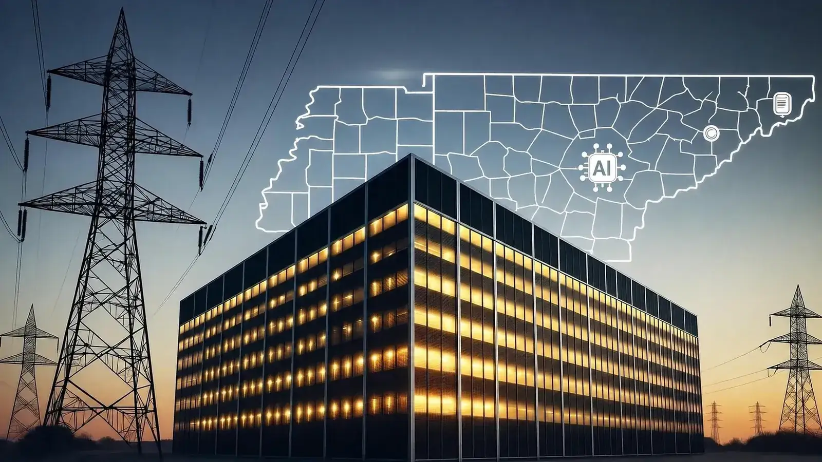 Data center building lit gold at dusk beside high-voltage transmission towers, with a glowing outline of Tennessee and an AI chip icon overhead — illustrating the power-driven data center buildout in the TVA region.