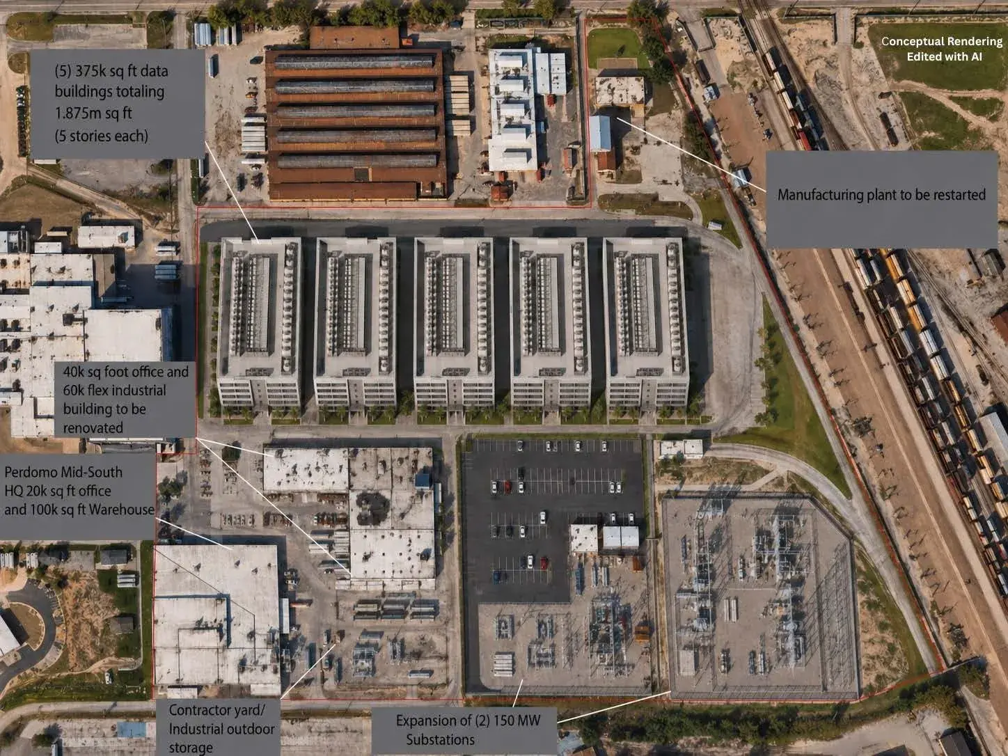 Conceptual AI-edited rendering of a long-term large-load data center build-out on the North Memphis campus