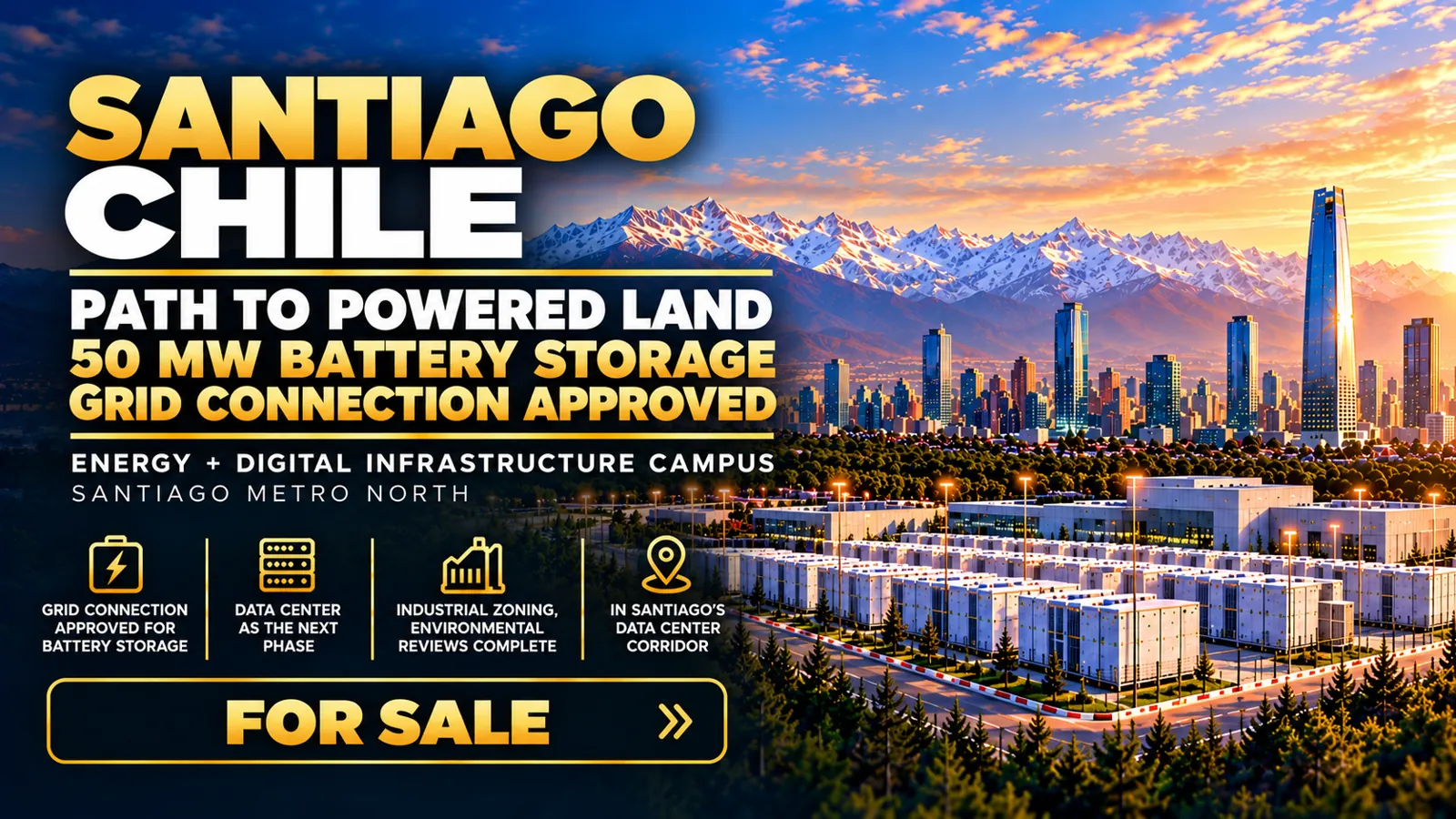Santiago LUMINA, Chile: path to powered land, 50 MW battery storage, grid connection approved, energy and digital infrastructure campus in Santiago Metro North