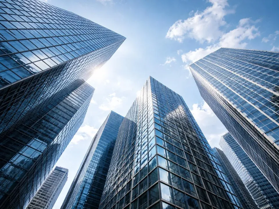 Glass office towers viewed from street level