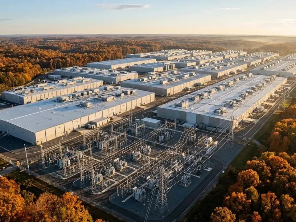 Aerial view of a data center campus with an on-site electrical substation