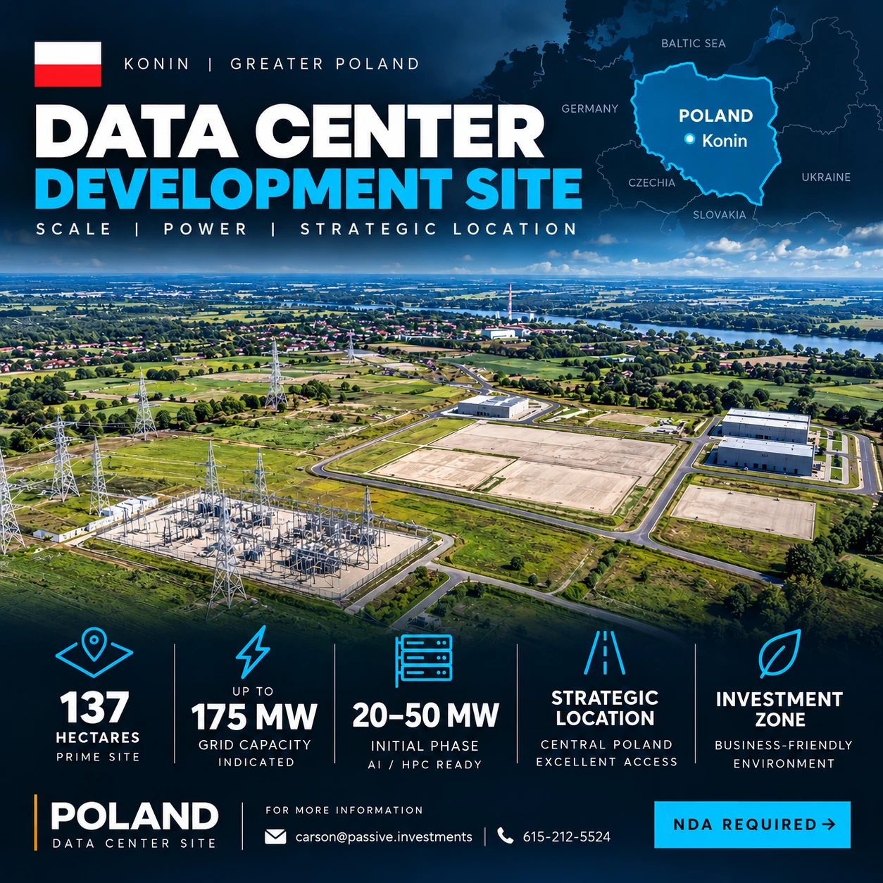 Data center development opportunity in Konin, Greater Poland: 137 hectares, up to 175 MW indicated